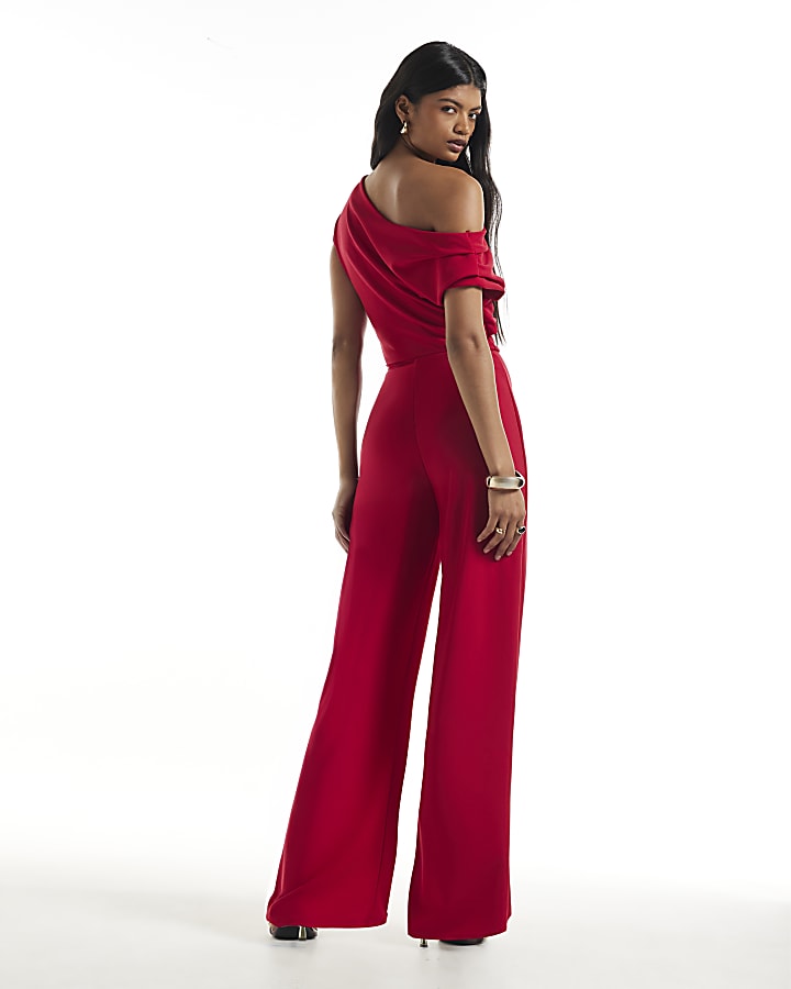 Red Asymmetric Drape Neck Jumpsuit