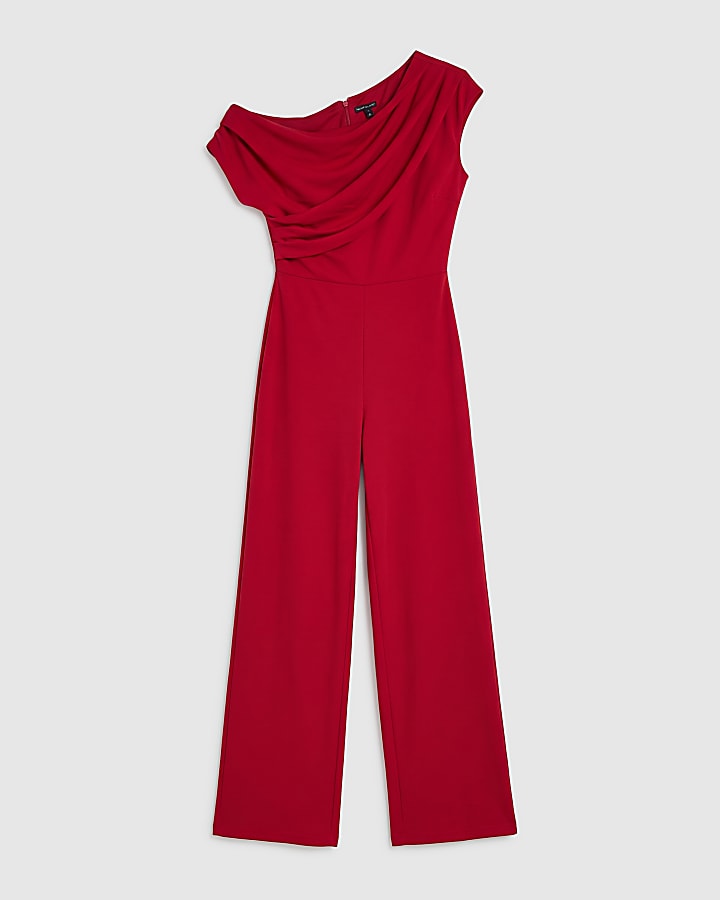 Red Asymmetric Drape Neck Jumpsuit