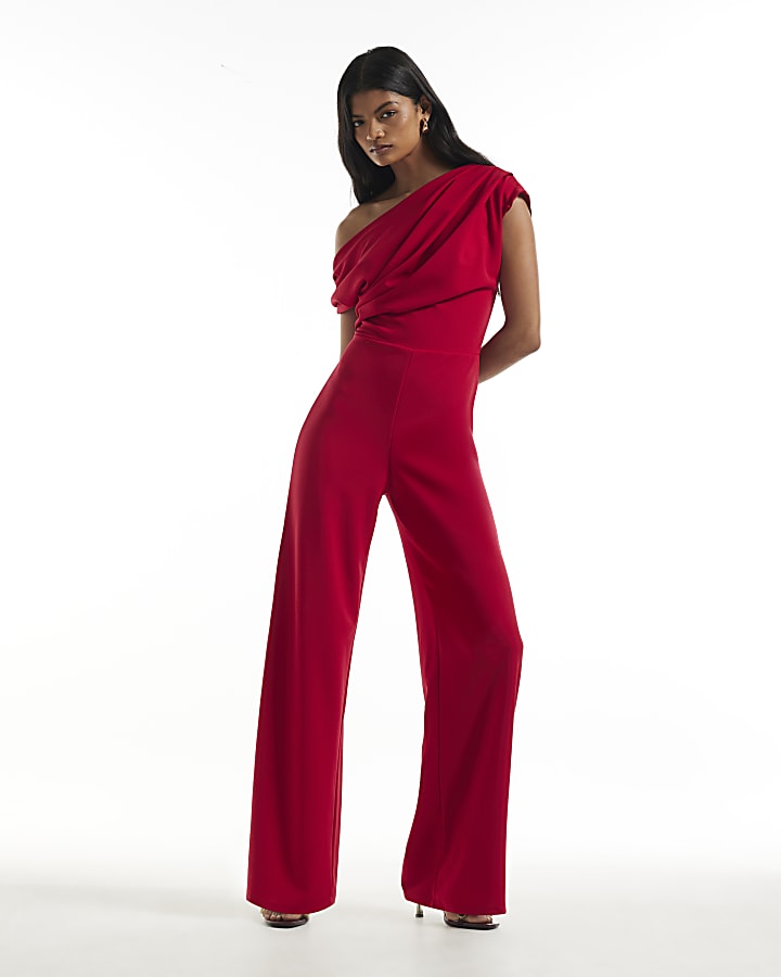 Red Asymmetric Drape Neck Jumpsuit