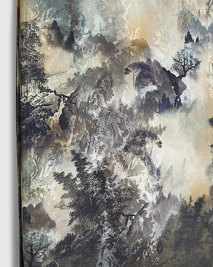 Cream Satin Forest Print Tassel Scarf