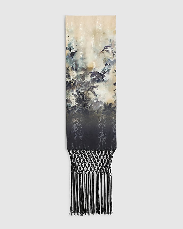 Cream Satin Forest Print Tassel Scarf