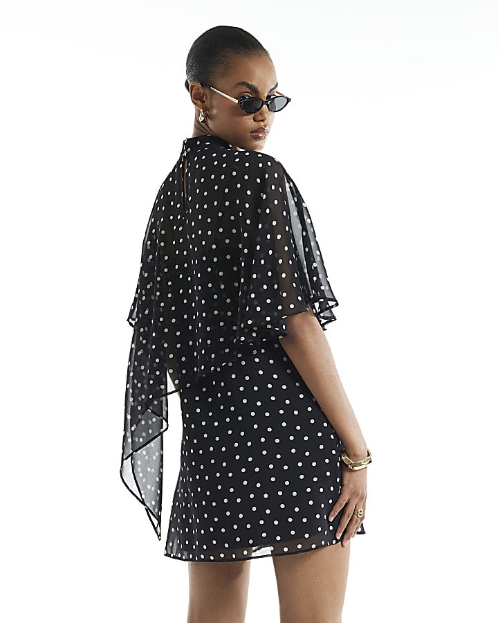 Black Chiffon Cape Style Halter Neck Dress