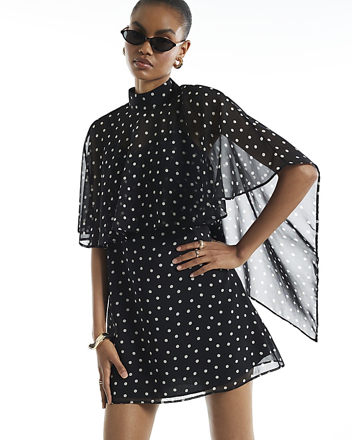 Black Chiffon Cape Style Halter Neck Dress