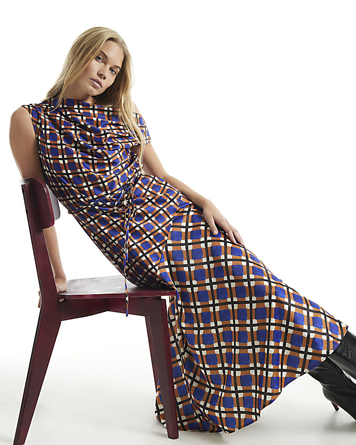 Orange Print Cinched Waist Column Dress