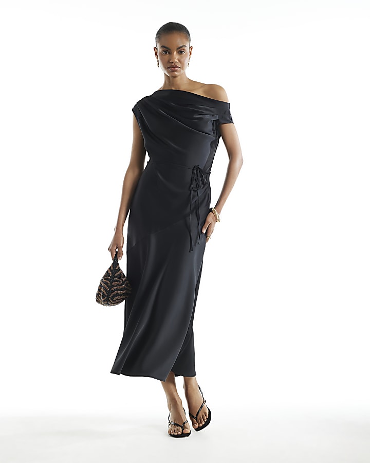 Black Cinched Waist Column Dress
