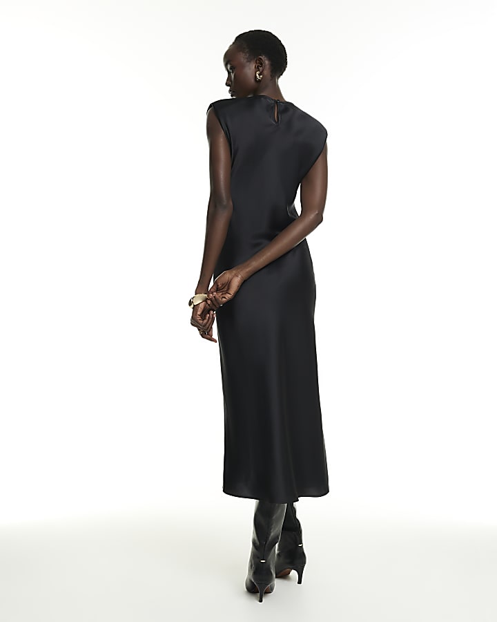 Black Shoulder Pad Column Midi Dress