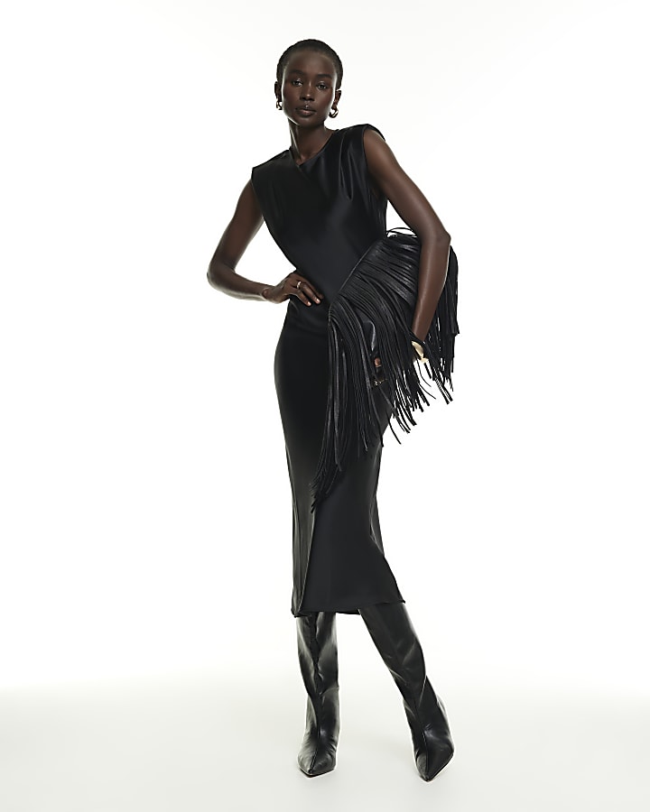 Black Shoulder Pad Column Midi Dress