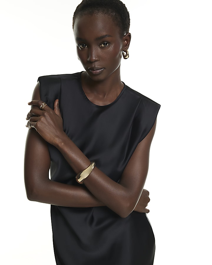 Black Shoulder Pad Column Midi Dress