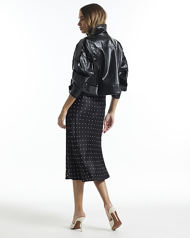 Black Satin 90s Mid Length Slip Skirt