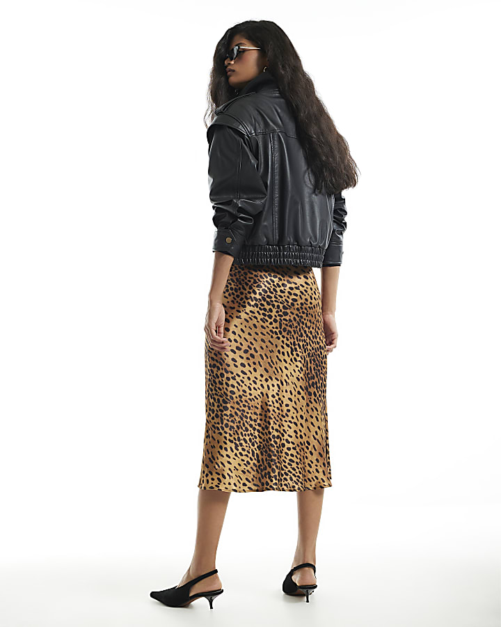 Brown Satin Leopard 90s Mid Length Slip Skirt
