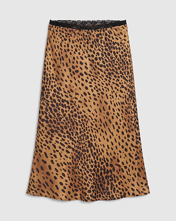 Brown Satin Leopard 90s Mid Length Slip Skirt
