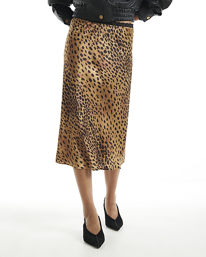 Brown Satin Leopard 90s Mid Length Slip Skirt