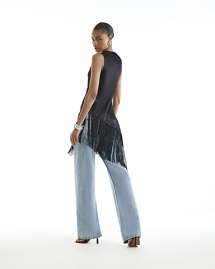 Black Fringe Cowl Neck Tunic Top