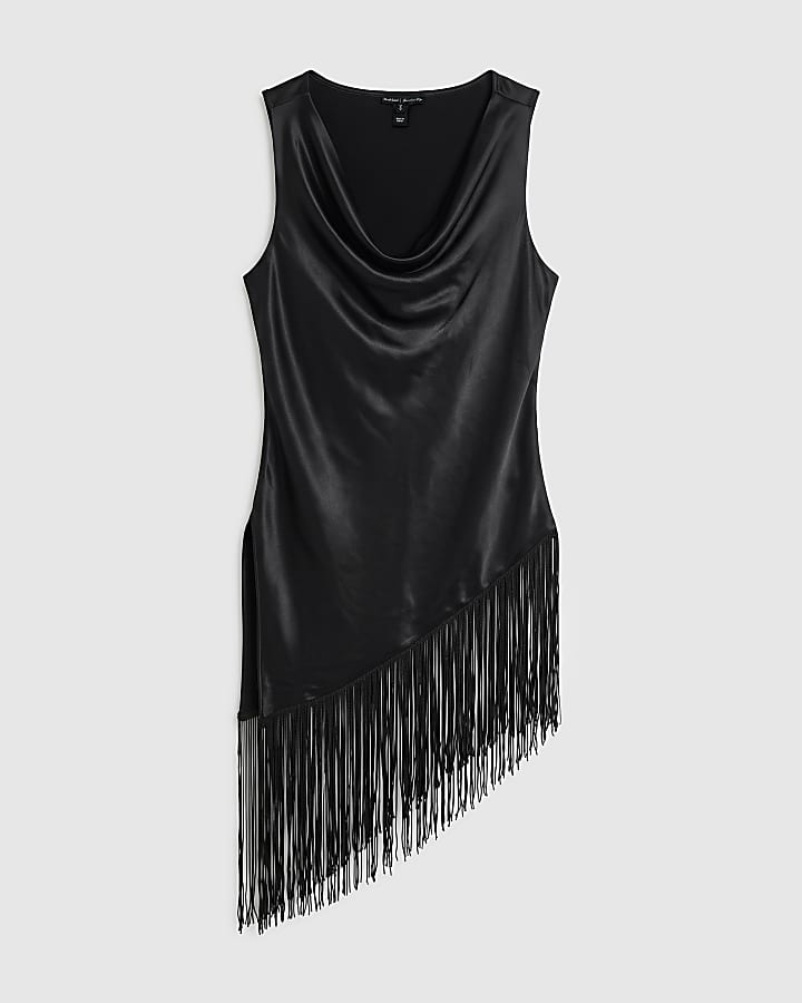 Black Fringe Cowl Neck Tunic Top