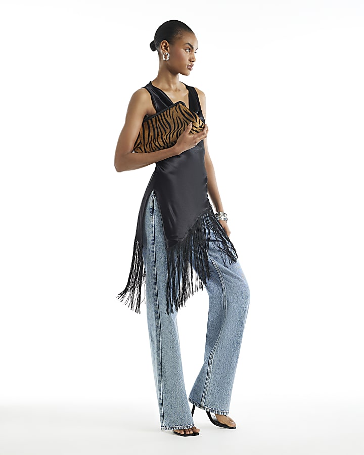 Black Fringe Cowl Neck Tunic Top