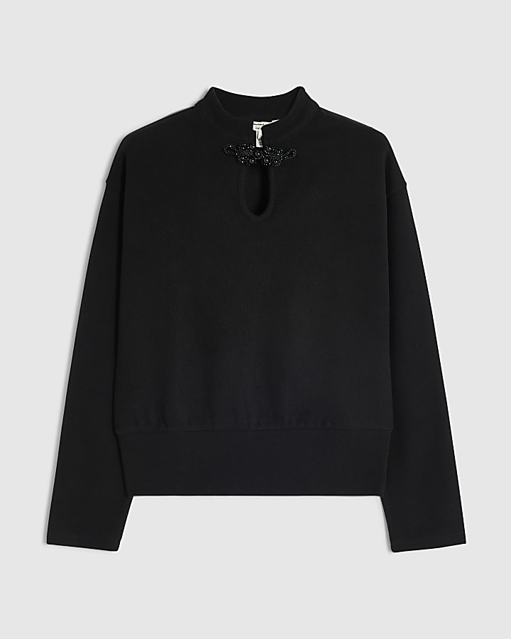 Black Cosy Stand Up Collar Frogging Top