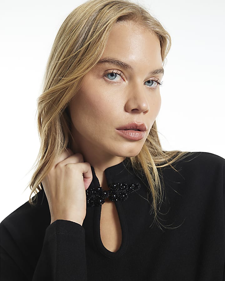 Black Cosy Stand Up Collar Frogging Top