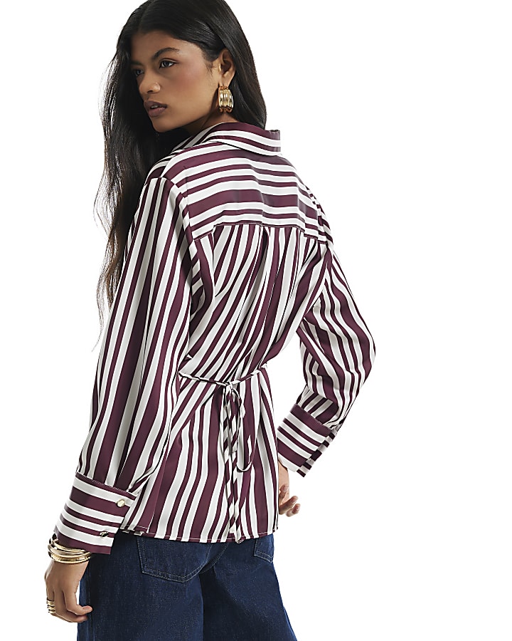 Burgundy Stripe Tie Detail Shirt