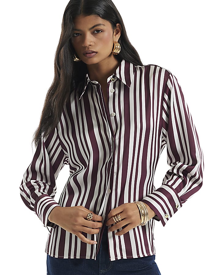 Burgundy Stripe Tie Detail Shirt