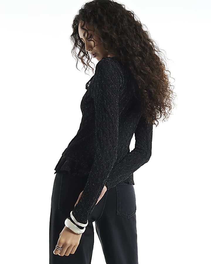Black Ruffle Glitter Top