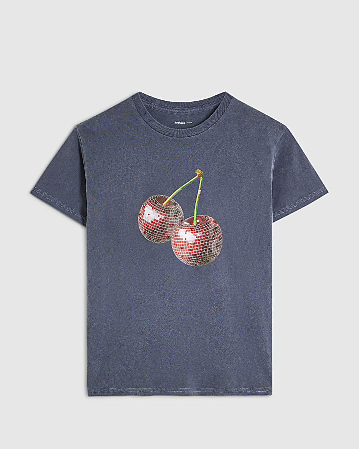Navy Cherry Embellished T-Shirt
