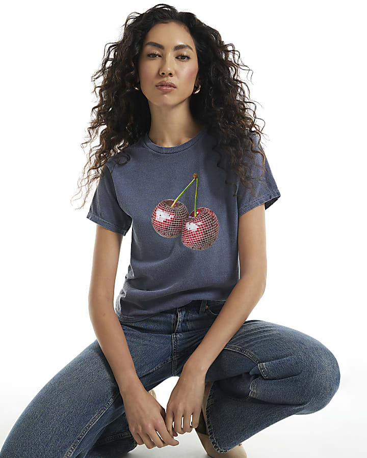Navy Cherry Embellished T-Shirt