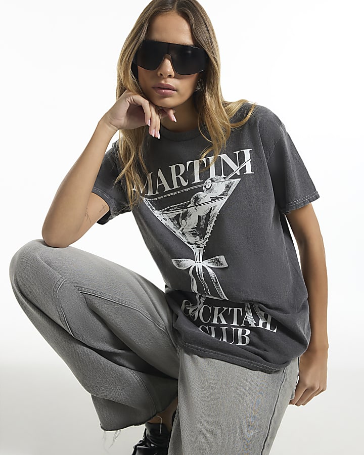 Grey Cotton Martini Boyfriend T-Shirt
