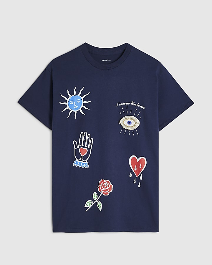 Navy Quirky Motif Beaded T-Shirt
