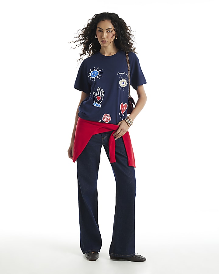 Navy Quirky Motif Beaded T-Shirt