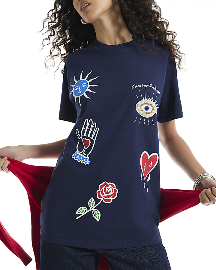 Navy Quirky Motif Beaded T-Shirt