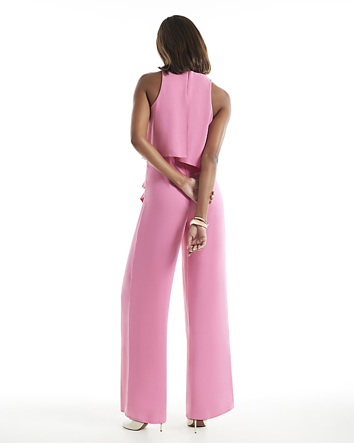Pink Sleeveless Ruffle Overlay Jumpsuit
