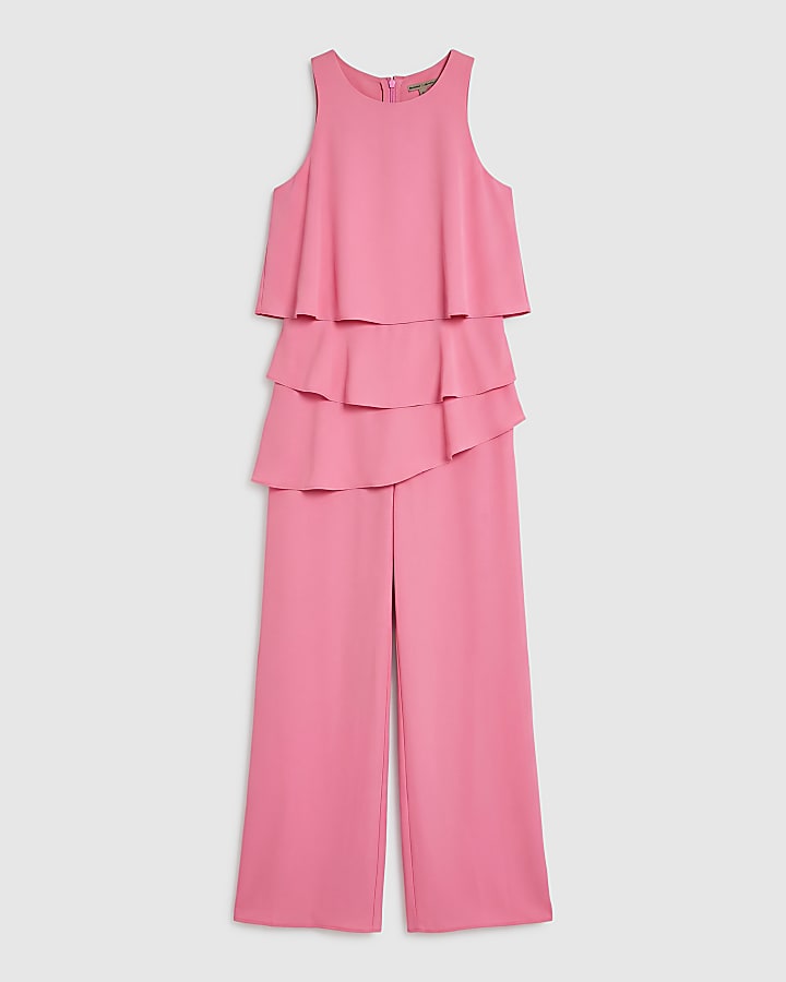 Pink Sleeveless Ruffle Overlay Jumpsuit
