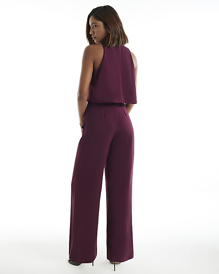 Burgundy Sleeveless Ruffle Overlay Jumpsuit