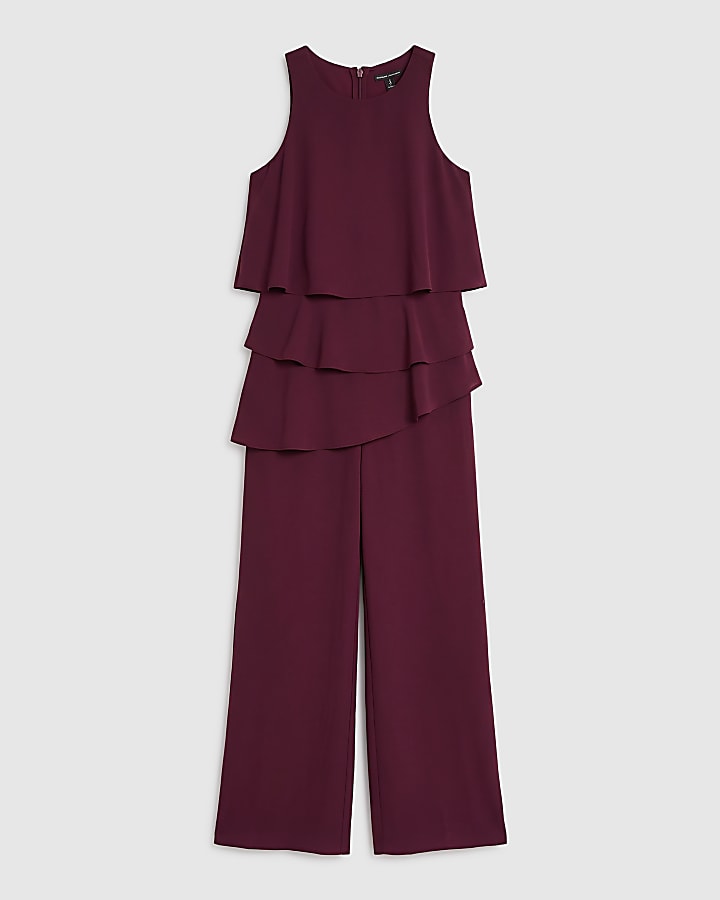 Burgundy Sleeveless Ruffle Overlay Jumpsuit