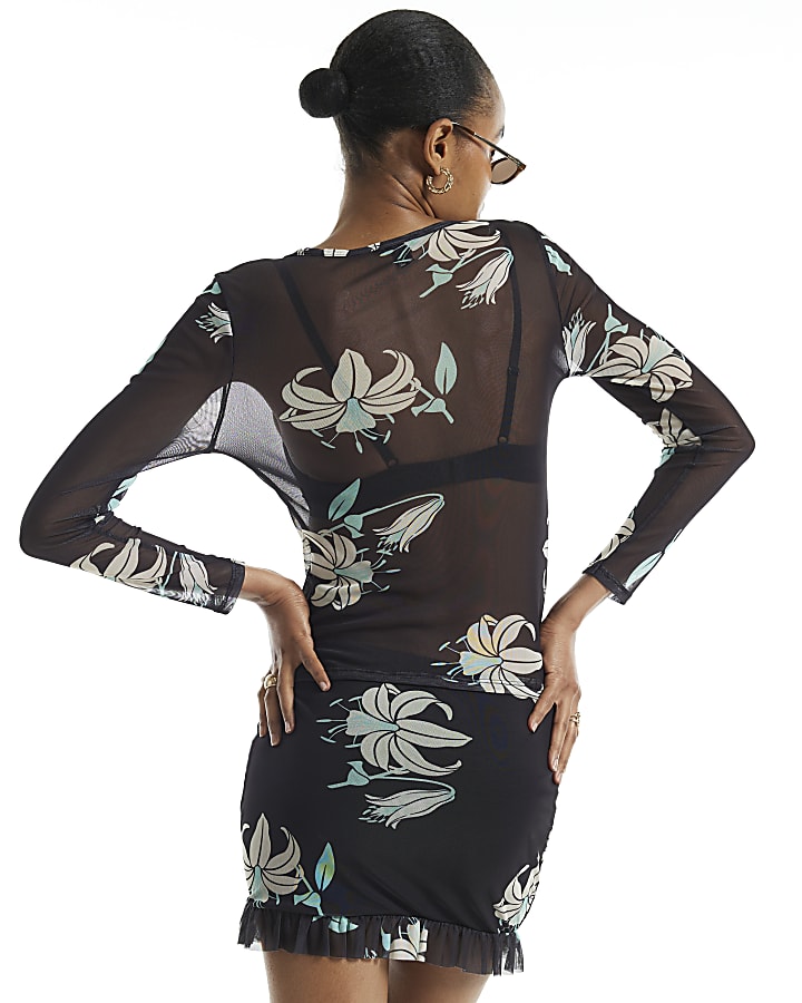 Black Floral Print Mesh Long Sleeve Top