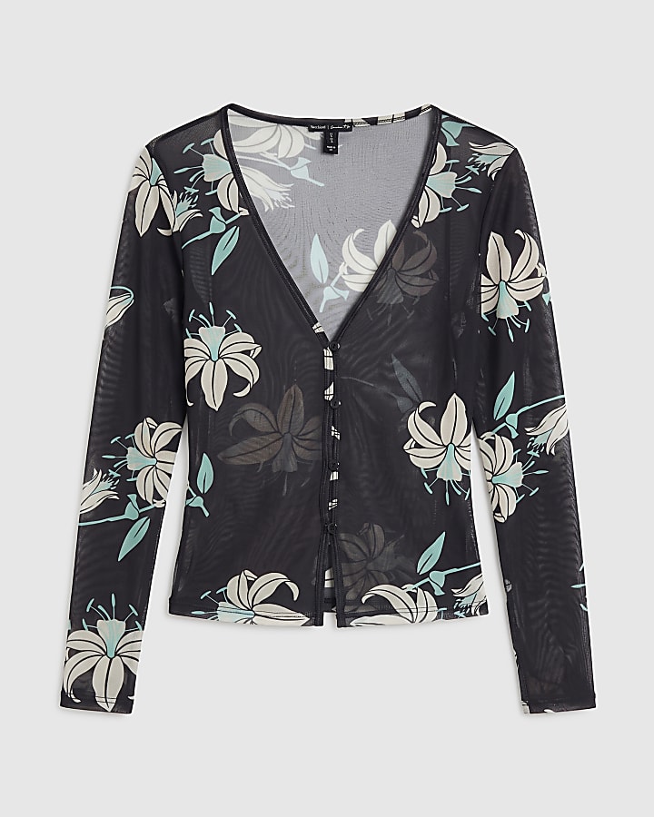 Black Floral Print Mesh Long Sleeve Top