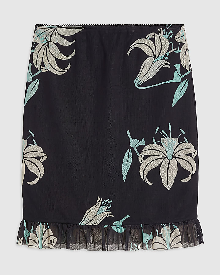Black Mesh Floral Print Mini Skirt