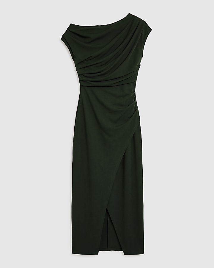Green Asymmetric Drape Wrap Midi Dress