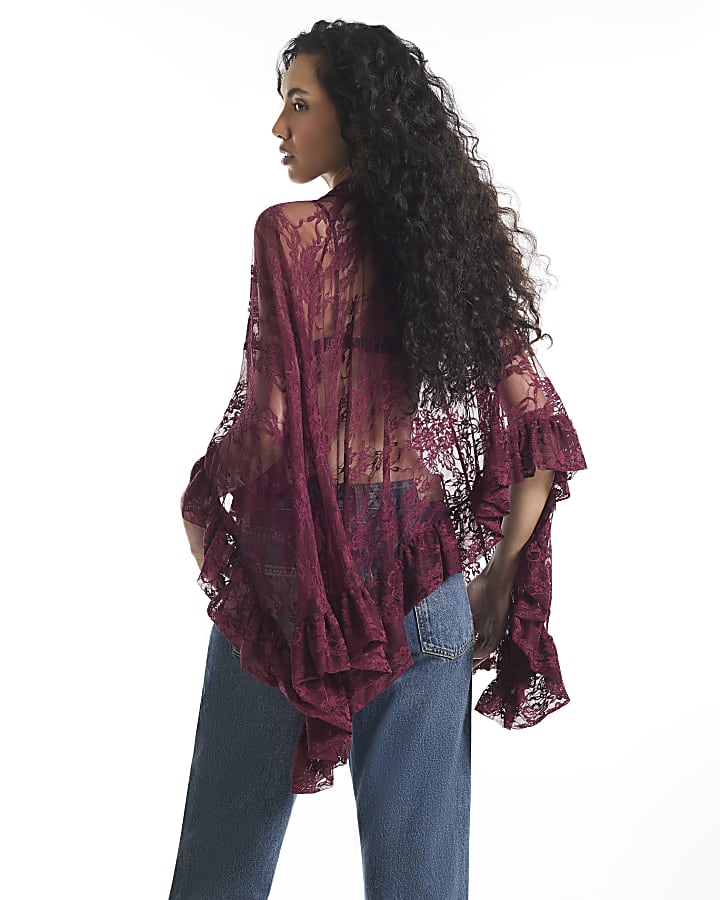 Burgundy Lace Tie Neck Cape