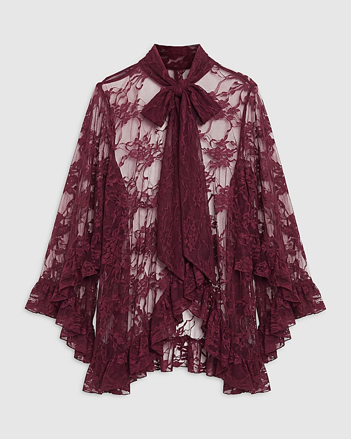Burgundy Lace Tie Neck Cape