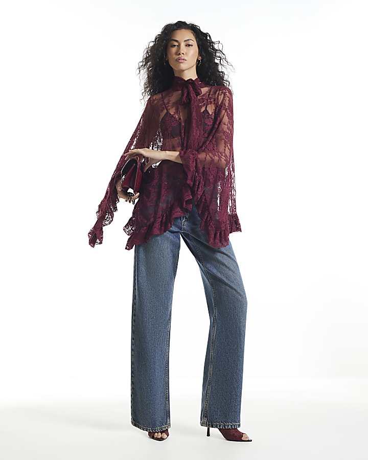 Burgundy Lace Tie Neck Cape