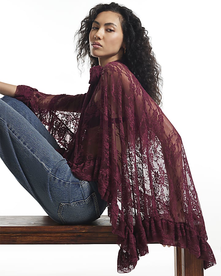 Burgundy Lace Tie Neck Cape
