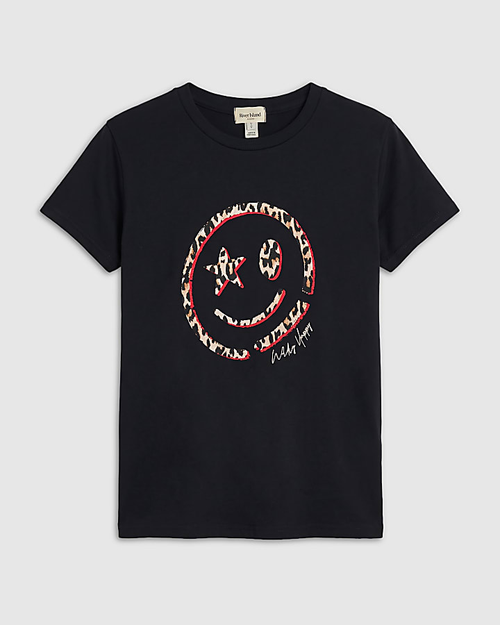 Black Animal Smile Print Short Sleeve T-Shirt