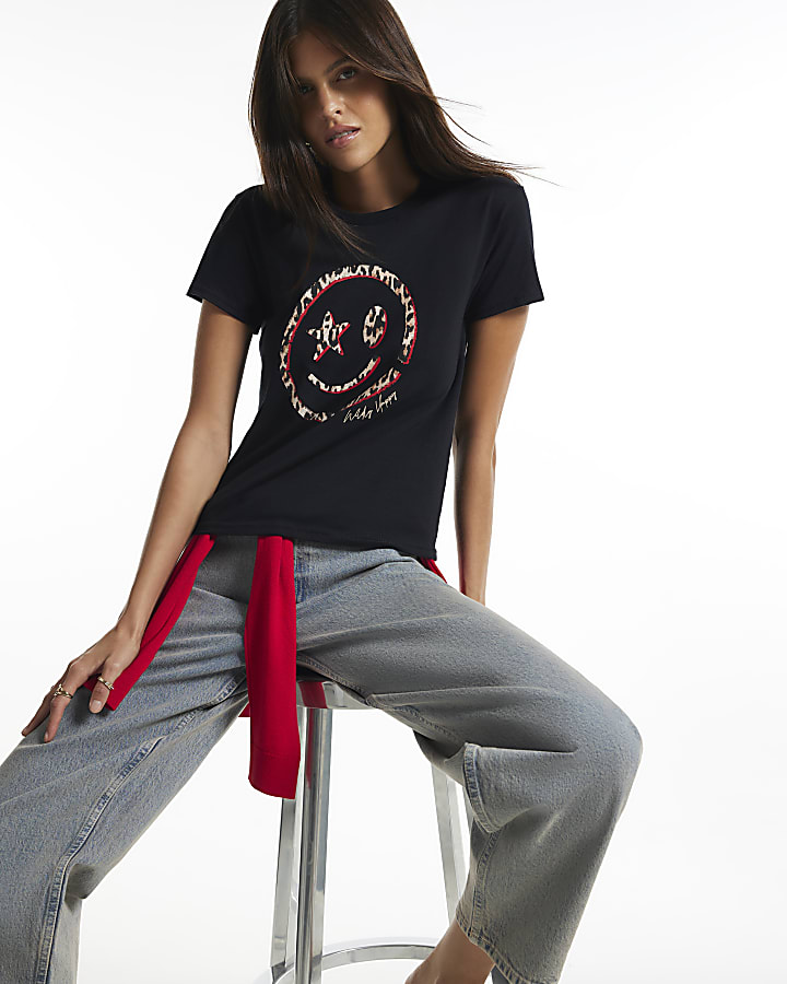 Black Animal Smile Print Short Sleeve T-Shirt