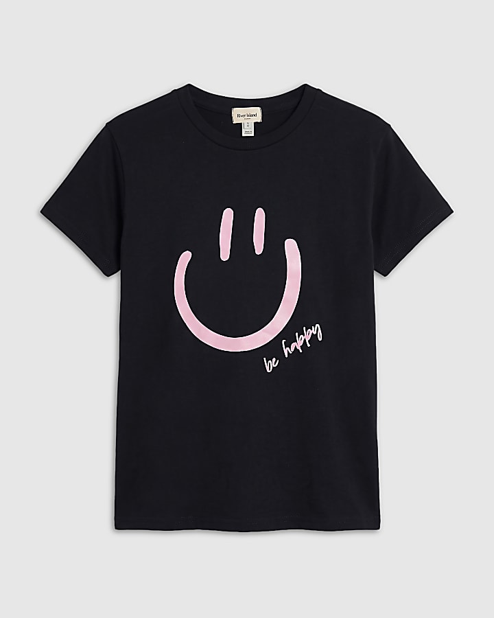 Black Smile Print Short Sleeve T-Shirt