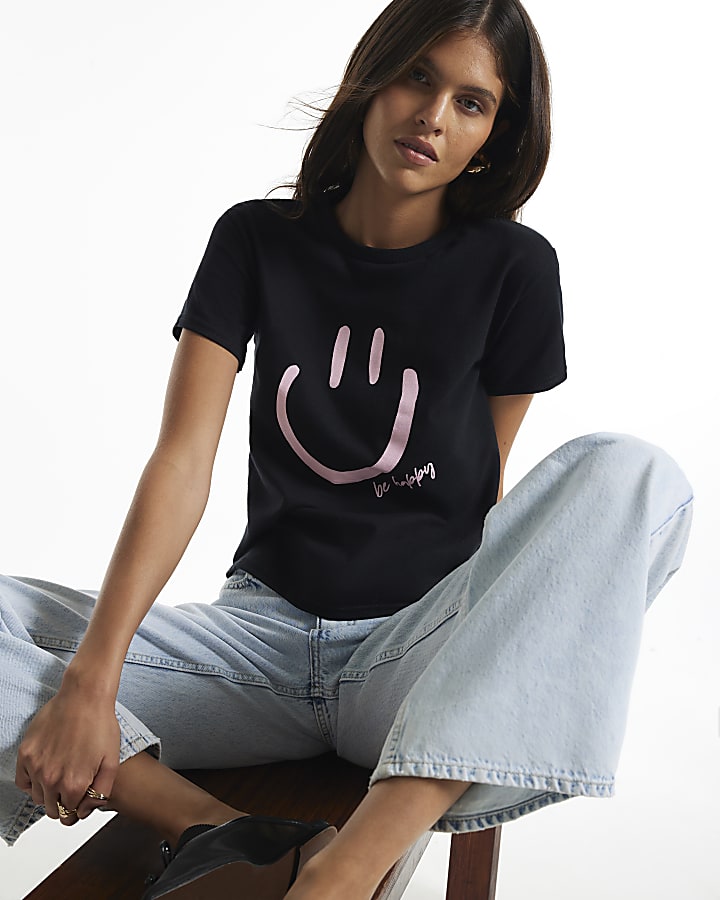 Black Smile Print Short Sleeve T-Shirt