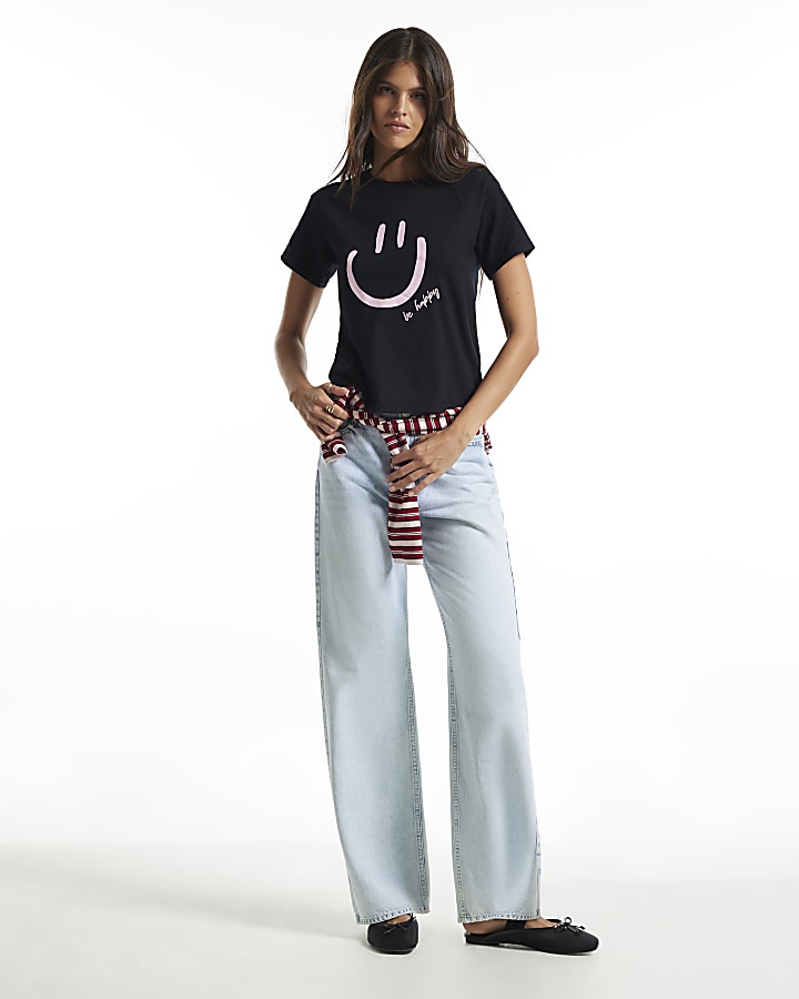 Black Smile Print Short Sleeve T-Shirt