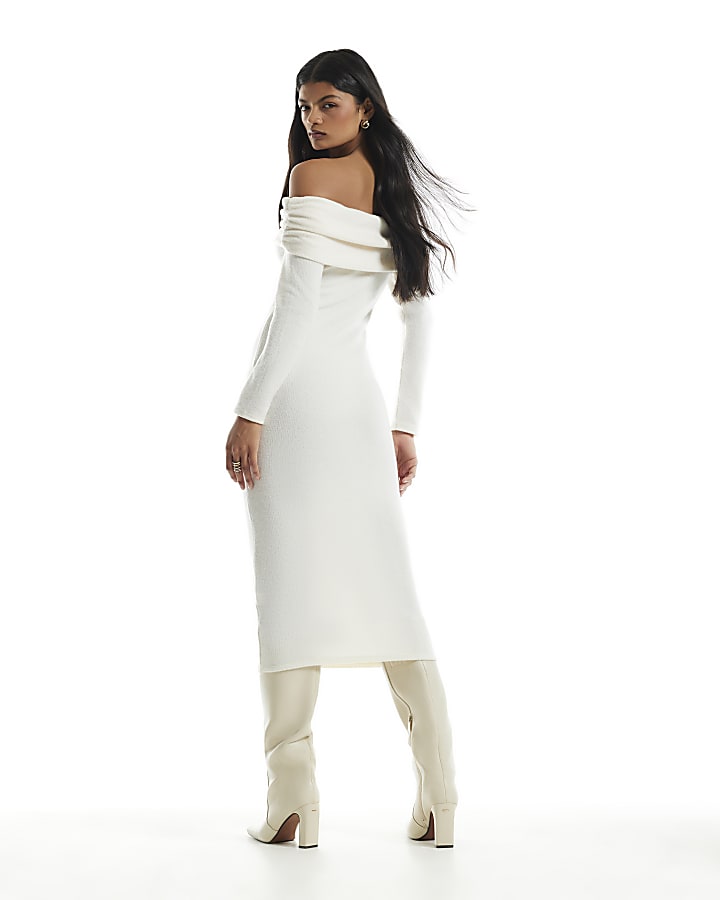 Cream Knit Bardot Cosy Midi Dress