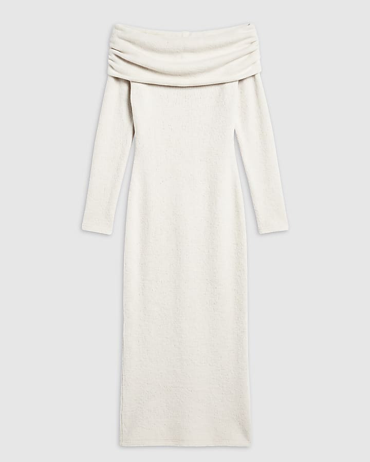 Cream Knit Bardot Cosy Midi Dress