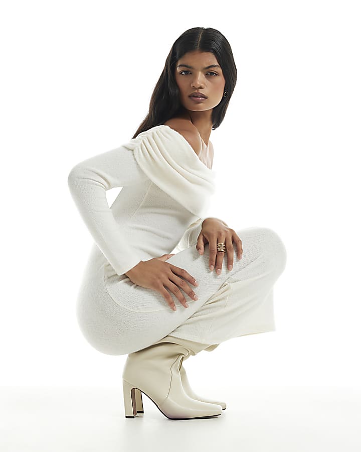 Cream Knit Bardot Cosy Midi Dress